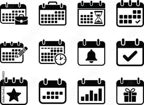 Calendar icons set. Business calendar and task management schedule, planning, reminder, event and time management symbols. Black vector collection.