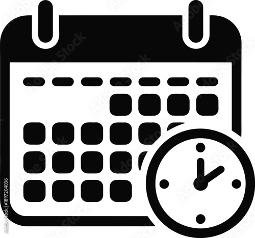 Calendar and clock icon. Schedule, time management and reminder symbol. Deadlines, project timelines, meeting schedules, and time-tracking software interfaces vector.
