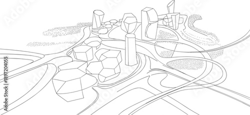 Abstract geometric landscape with flowing lines and crystalline structures in a minimalist line style