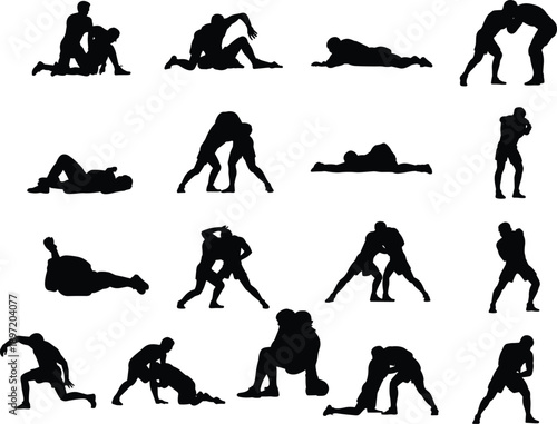 Wrestling silhouette poses, grappling combat actions, martial arts fighters, ground fighting techniques, athlete training movements, black vector set