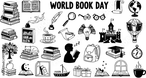 Education and Reading Black  White Line Art Doodle Icons Set. Hand-Drawn Collection of Books, Literature, Learning, and Knowledge Symbols for World Book Day.