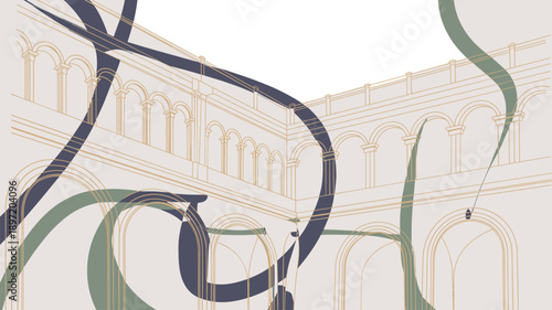 Abstract swirling ribbons of dark blue and green overlay a classical architectural courtyard with repeating arches and columns