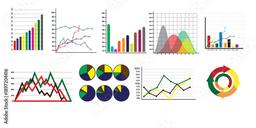 Business Data Visualization Infographic Charts and Graphs Set, Colorful Business Analytics Infographic with Charts and Graphs, Statistical Data Analysis Infographic Elements for Business Report