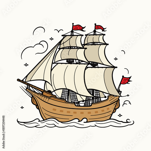 Hand-drawn vintage sailing ship illustration with wooden hull and multiple white sails, red flags waving on top, floating on calm ocean waves. Minimalist flat vector style with clean line art, warm mu
