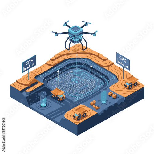 Isometric illustration of a futuristic mining operation with a drone and machinery.