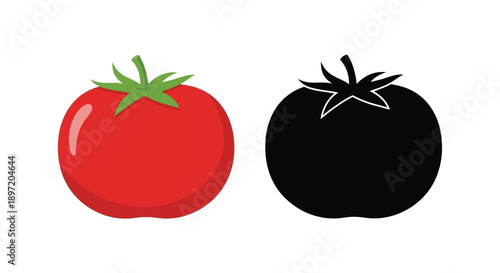 A vibrant red tomato paired with its dark dramatic silhouette