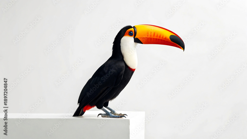 Obraz premium Vibrant Toucan with Bright Orange Beak on White Stage