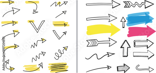 A collection of hand-drawn vector arrows and highlighter strokes in black, yellow, blue, and pink. Features diverse styles like curved, zigzag, and bold block arrows for emphasis.