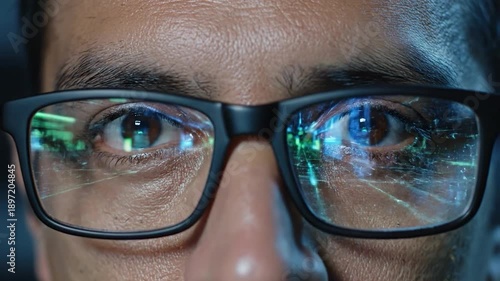 Close-up of a person's eyes with glasses reflecting digital data, depicting technology's presence
