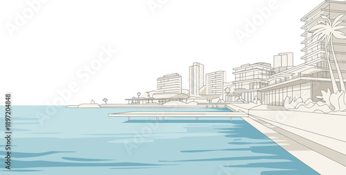 Clean line of a modern coastal city skyline with sleek buildings, a pier, and calm blue water under a bright sky