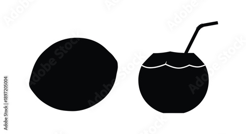 A coconut and a drink with a straw simple black silhouette