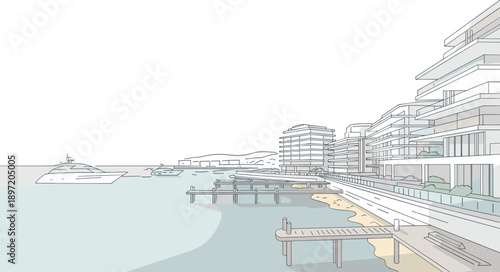 Coastal modern architecture with waterfront buildings, yachts, and piers luxury apartments