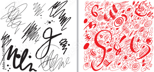 A dynamic vector set featuring expressive black ink script and chaotic scribbles paired with a dense field of red hand-drawn swirls, loops, and abstract energetic marks.