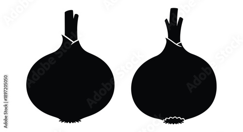 Two black silhouettes of onions against a white background silhouette