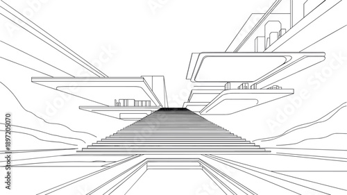 Conceptual architectural rendering of a grand staircase leading to elevated platforms in a futuristic, minimalist urban landscape