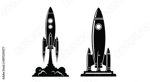 Two rocket ships ascending with fiery trails a striking silhouette