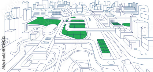 Detailed line cityscape showcasing sustainable urban development with solar farms, wind turbines, and green urban areas