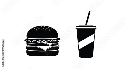 Black silhouettes of a burger and drink with a straw silhouette