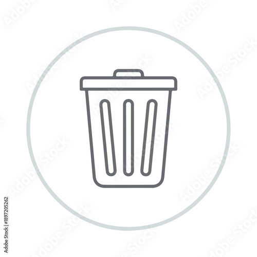 Clean line art trash can icon within a circular frame, symbolizing deletion, removal, and waste management in modern digital design.