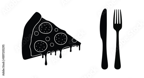 Black silhouette of pizza slice knife and fork arrangement silhouette