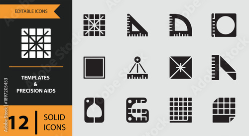 A collection of editable solid icons representing templates and precision aids for design
