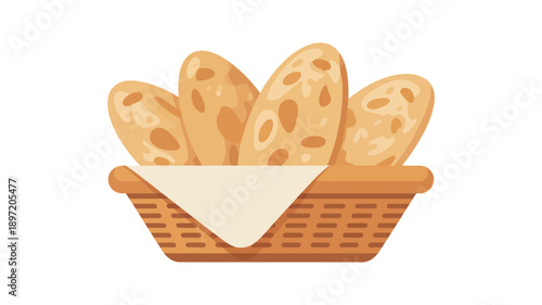 Loaves of Bread in Wicker Basket.