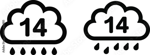 Cloudy rain weather calendar icon set with number 14 for forecast and temperature. Weather forecast and date concepts symbols vector. Meteorological reports, and calendar scheduling interfaces.