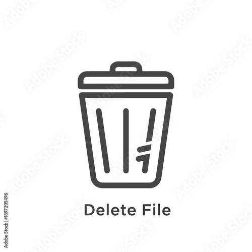 Simple line icon of a trash can with the text 'Delete File' below, representing deletion and removal
