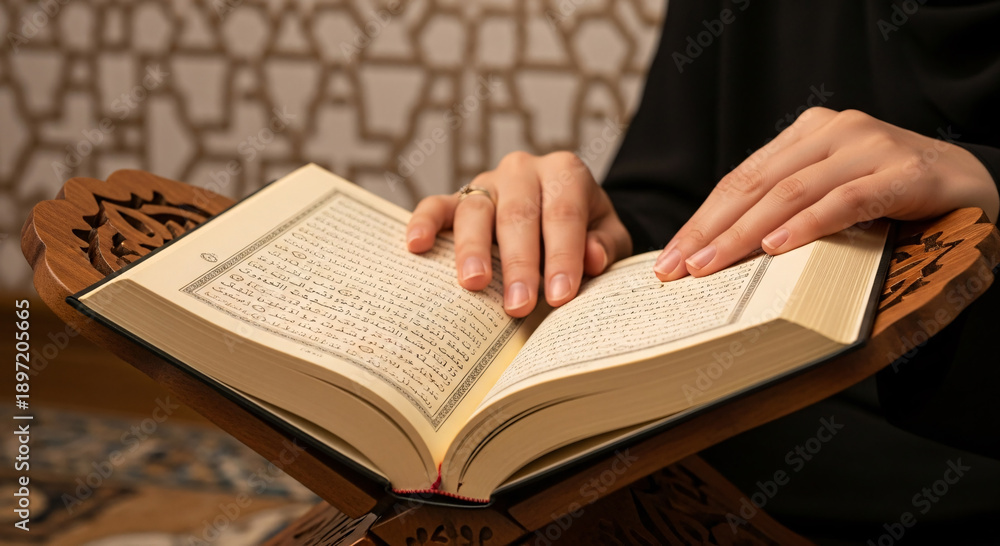 Naklejka premium Female muslim hands holding open Quran on wooden 