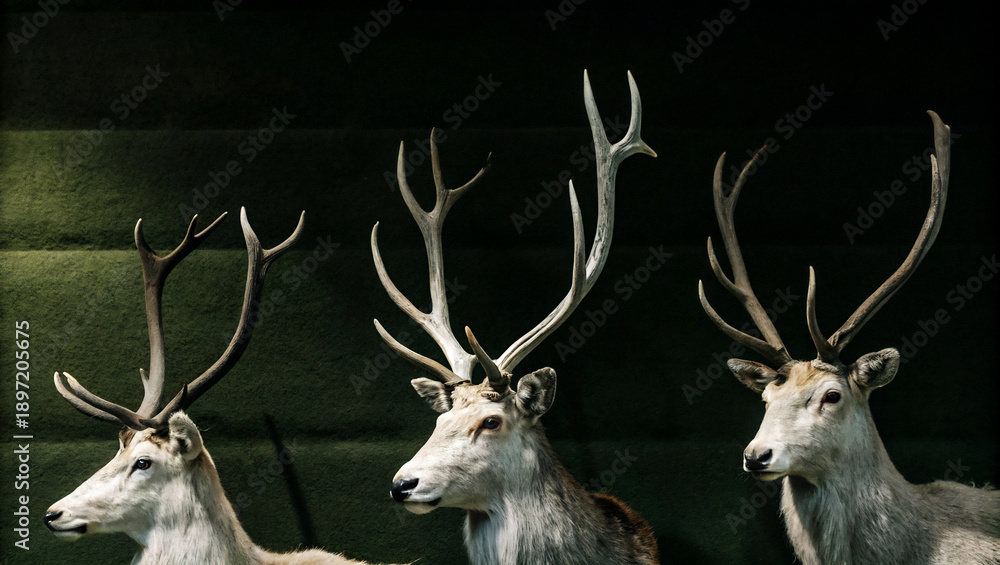 Fototapeta premium Three Majestic Deer Head Mounts with Impressive Antlers Displayed