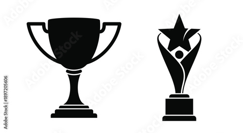 Black trophy and star award icons presented as a silhouette