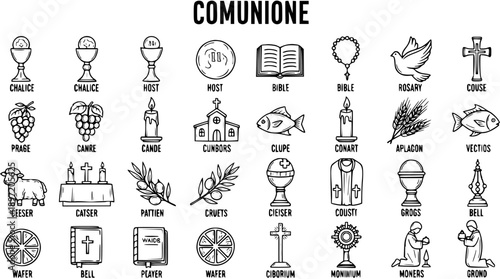 Religious Christian First Communion Icons Set. Hand Drawn Black and White Line Art Doodle Symbols for Catholic Sacraments and Ceremonies.