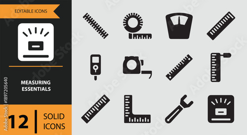Essential measurement tools and instruments depicted in a collection of solid icons