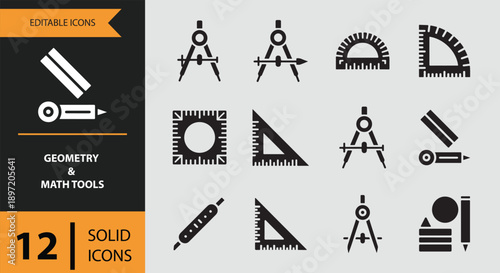 A collection of 12 solid icons representing geometry and math tools for design projects