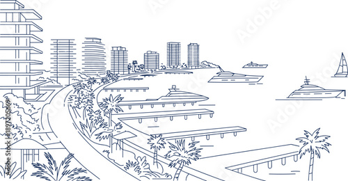 Detailed line of a marina with yachts, sailboats, palm trees, and modern buildings along a curved coastline