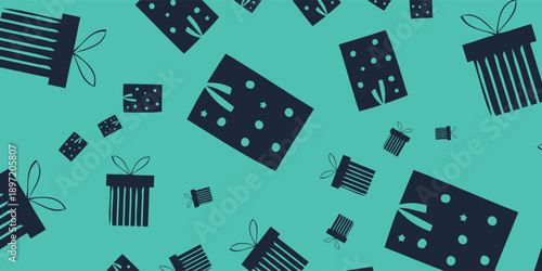Seamless Pattern of Gift Boxes on Green Background.