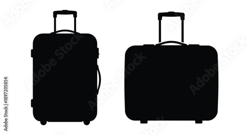 Two black suitcases with wheels shown in stark silhouette