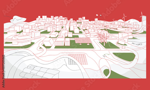 Eco-friendly city with renewable energy sources like wind turbines and solar panels integrated into a modern urban landscape with green spaces