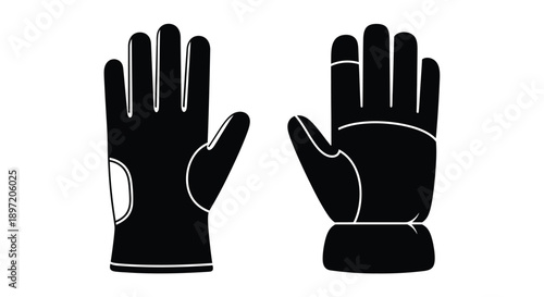 Two black gloves displayed facing each other in silhouette