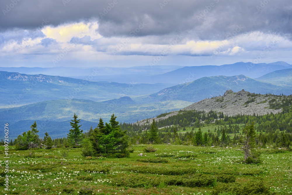 Fototapeta premium Rainy landscape of the Ural Mountains near Big Iremel Mount, Bashkortostan Republic of Russia