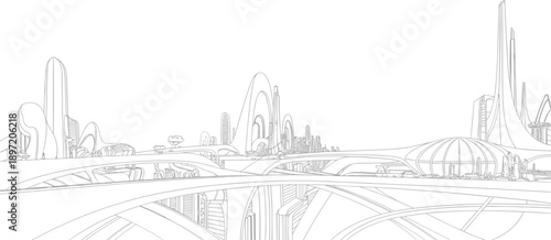 Futuristic cityscape panorama with organic curved skyscrapers and elevated transport systems creating a utopian vision of advanced urban development and modern architecture