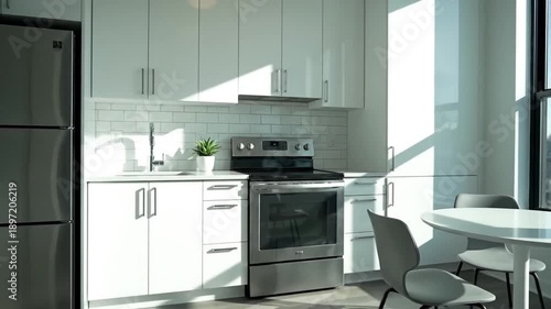 Modern Kitchen Interior With Natural Sunlight Streaming Through Windows