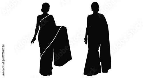 Two women in traditional saris depicted in a striking black silhouette