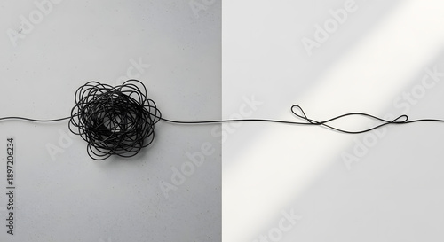 A tangled knot being unraveled into a straight line, a powerful metaphor for problem-solving and finding simple solutions to complex challenges. This image represents clarity, strategy, and efficiency
