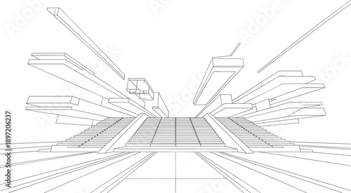 Futuristic architectural perspective with converging lines and elevated platforms creating a sense of depth and grandeur