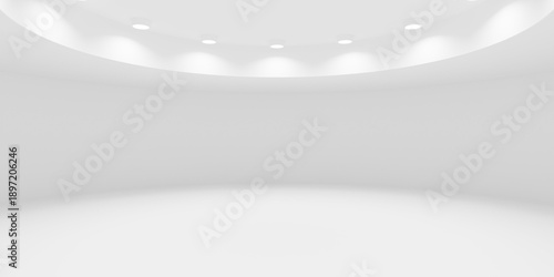 Abstract empty white room or gallery background with circular array of spotlights in ceiling recess