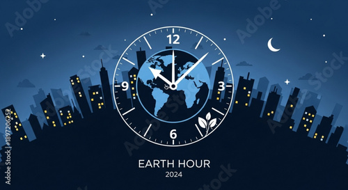 Earth Hour 2024 Clock with City Skyline at Night