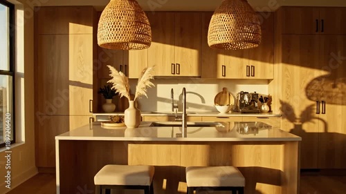Modern Kitchen Interior With Natural Wood Finishes And Warm Sunset Lighting