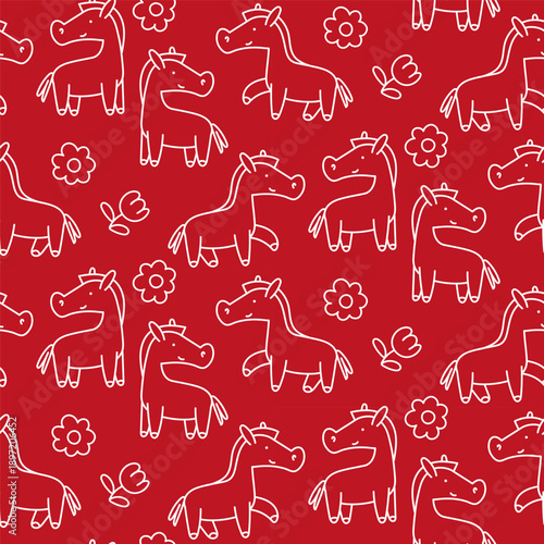 Vector pattern with horses and flowers on a red background