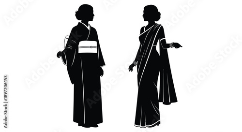 Two women in traditional attire representing cultural diversity silhouette